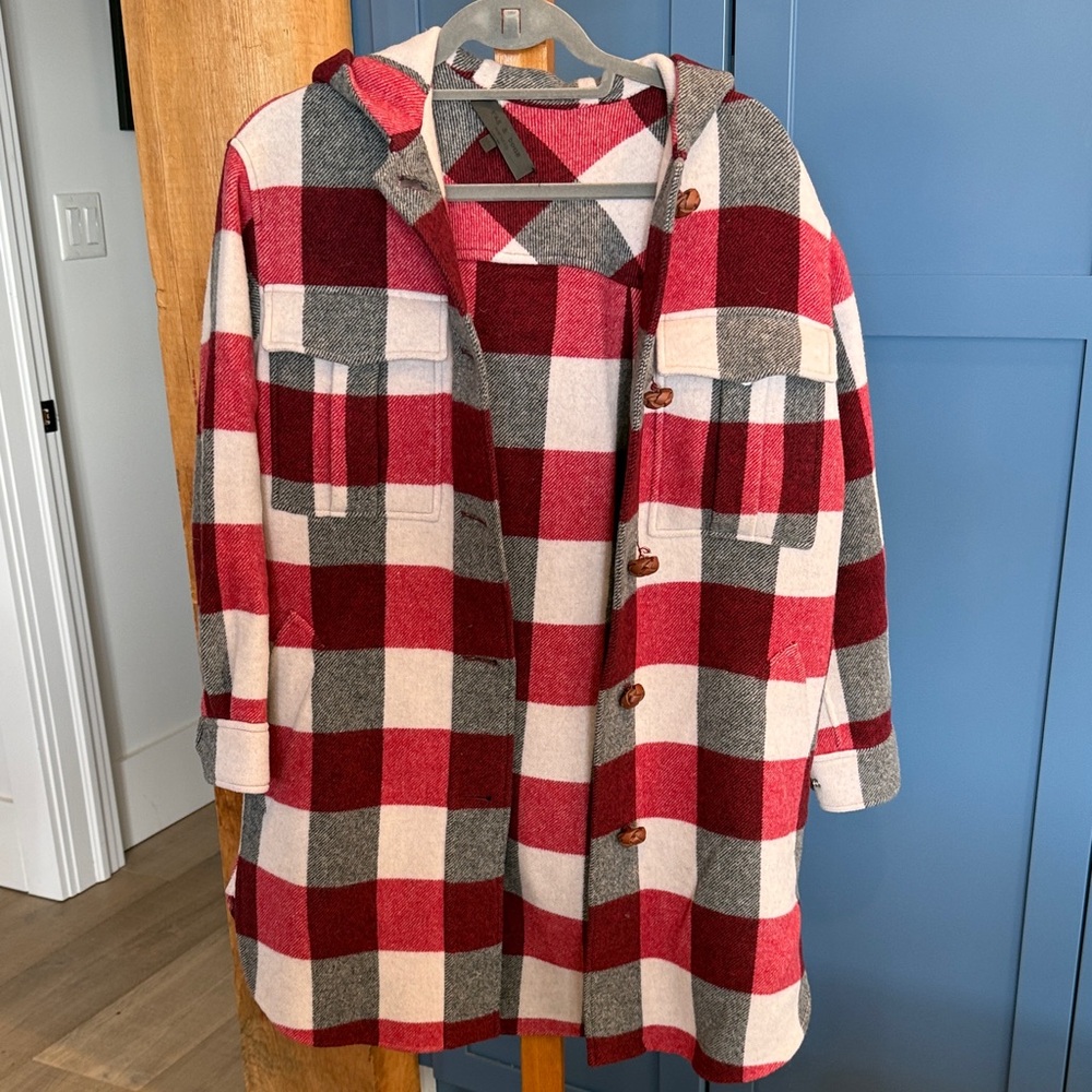 rag & bone Red and Gray Plaid Hooded Shacket